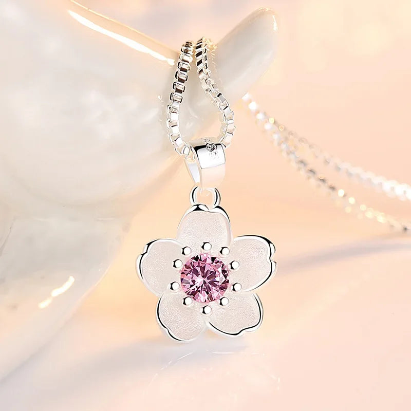 925 Sterling Silver Pink Purple Peach Blossom Necklace | Retro Luxury Jewelry for Women