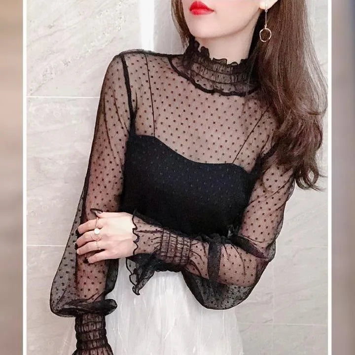 Women’s Lace Base Mesh Top – Autumn Winter Fairy Bell Sleeve Polka Dot Inner Shirt ✨❄️