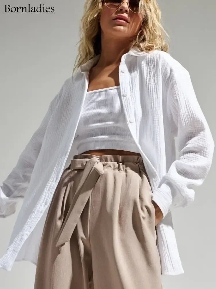 Bornladies 2025 Women’s Cotton Shirt – Solid Long Sleeve Loose Office Top 👚☀️