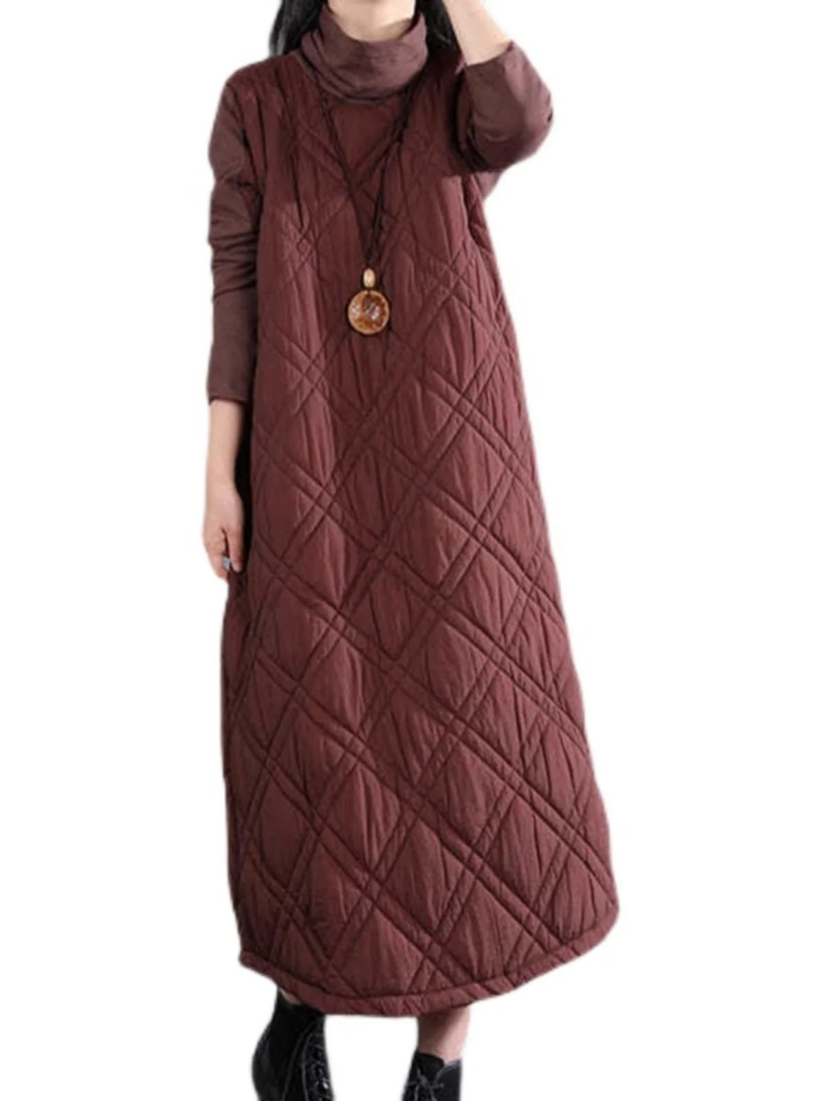 Retro High Collar Cotton Blend Long Dress for Women – Loose Fit Thickened A-Line Skirt for Autumn Winter Casual Wear