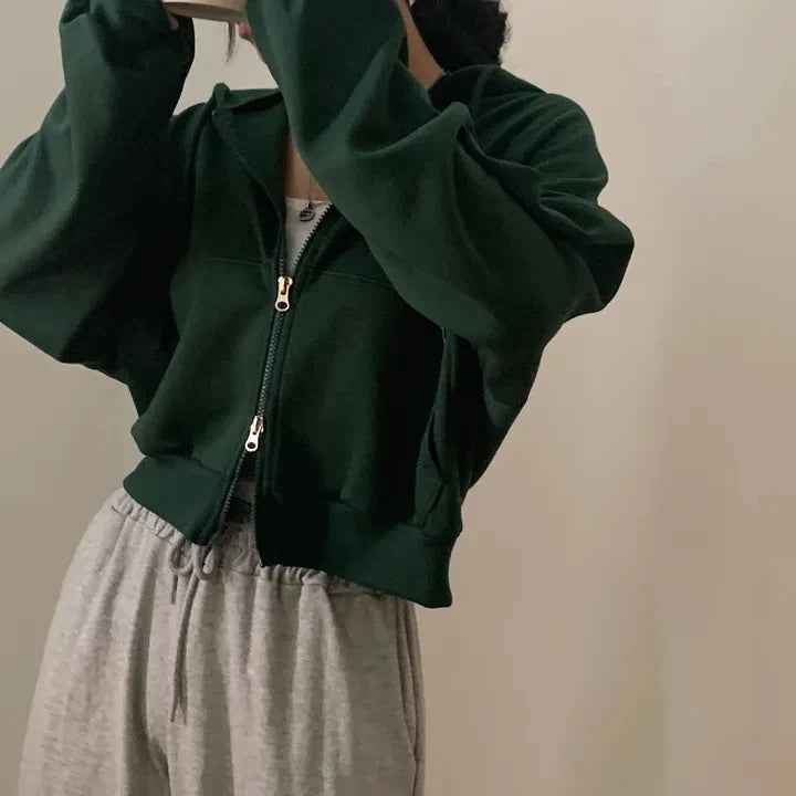 Chic Early Autumn Casual Long Sleeve Hoodie – Double Zipper Loose Versatile Cotton Pullover | Pure Color Commute Wear