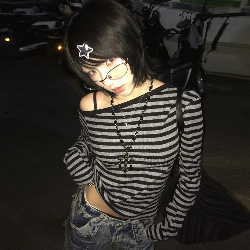 Genayooa Japanese Y2K Off Shoulder Striped Crop Top | Women's Long Sleeve Grunge Streetwear T-Shirt