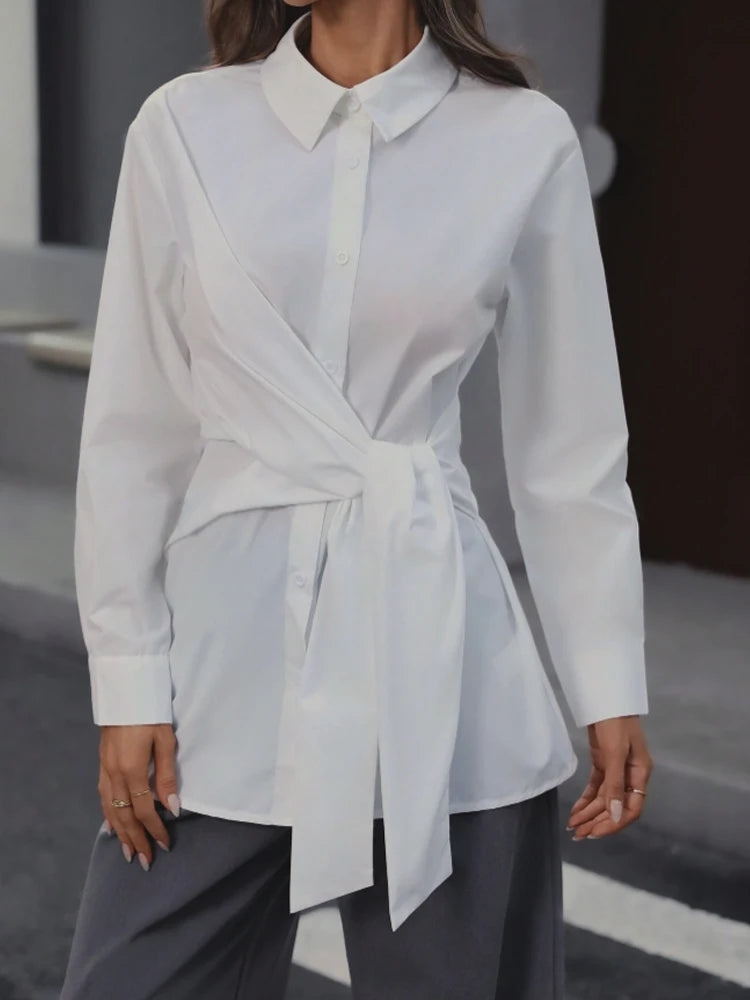 Women’s Classic Collar Button-Up Long Sleeve Shirt with Waist Belt – Elegant Retro Adjustable Fit 👚✨