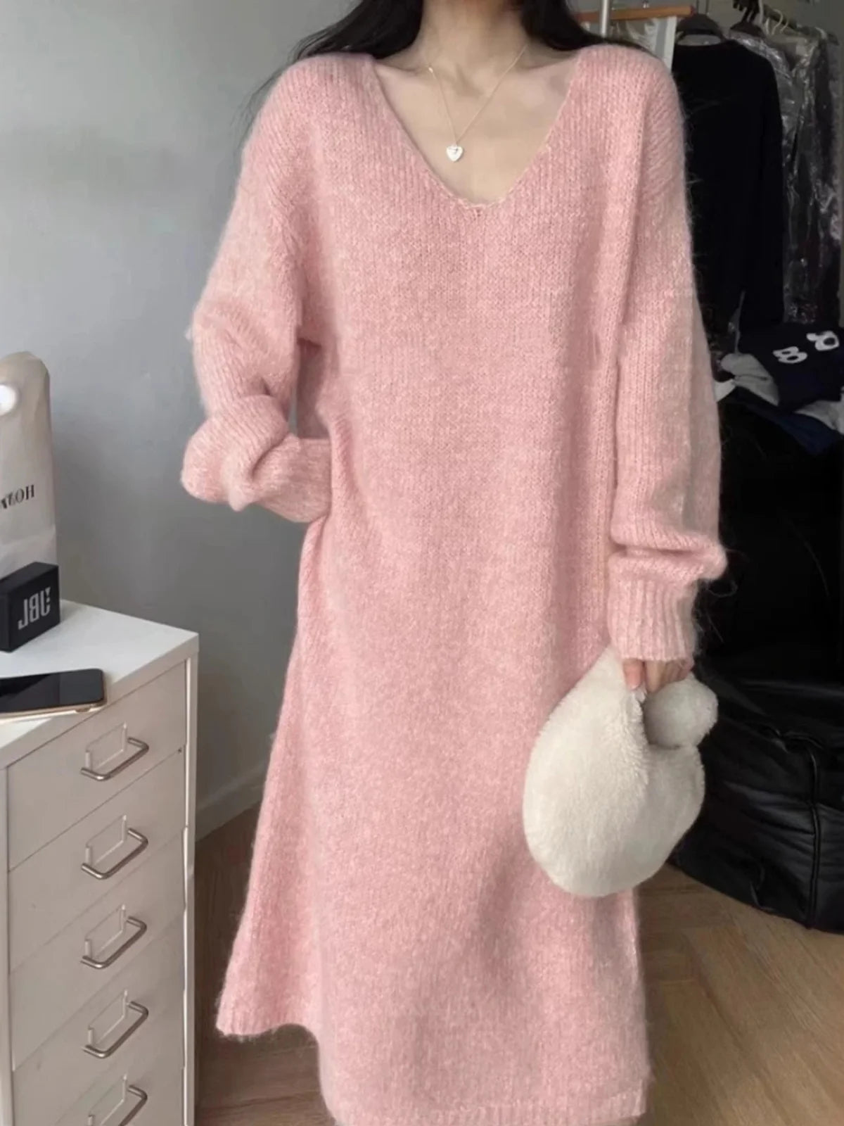Ladies’ Thick Long Knitted Dress | Korean Style Loose Waist V-Neck H-Line Base Layer Dress | Autumn Winter New Arrival