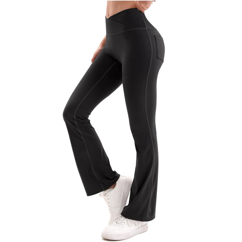 Crossover V-Waist Flare Leggings – Women’s High Waist Tummy Control Wide Leg Yoga & Workout Pants