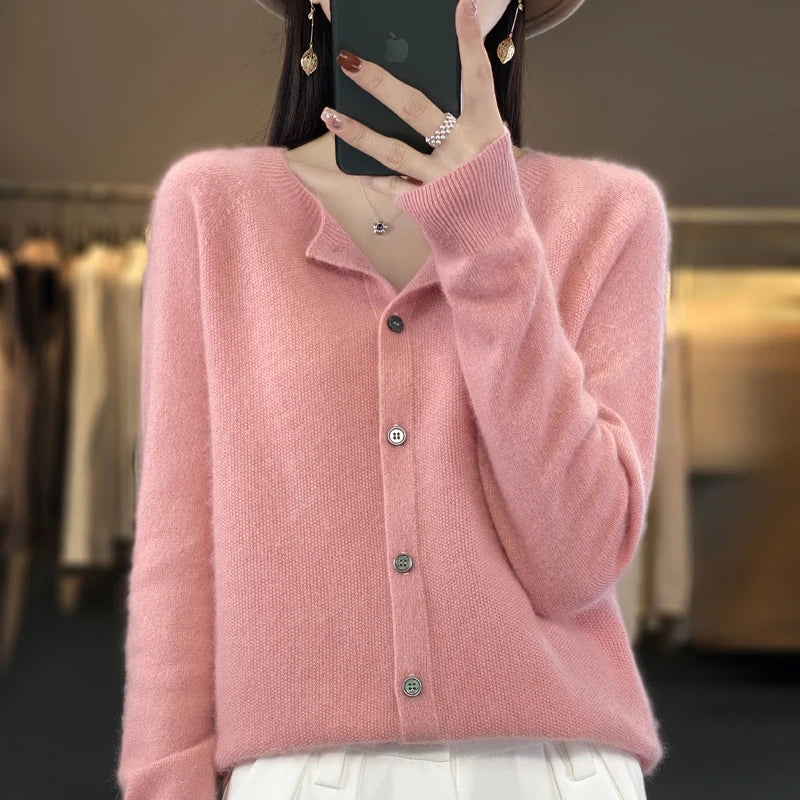 Women’s 100% Pure Wool Loose Cardigan – Autumn Winter Round Neck Solid Color Top 🍂🧶