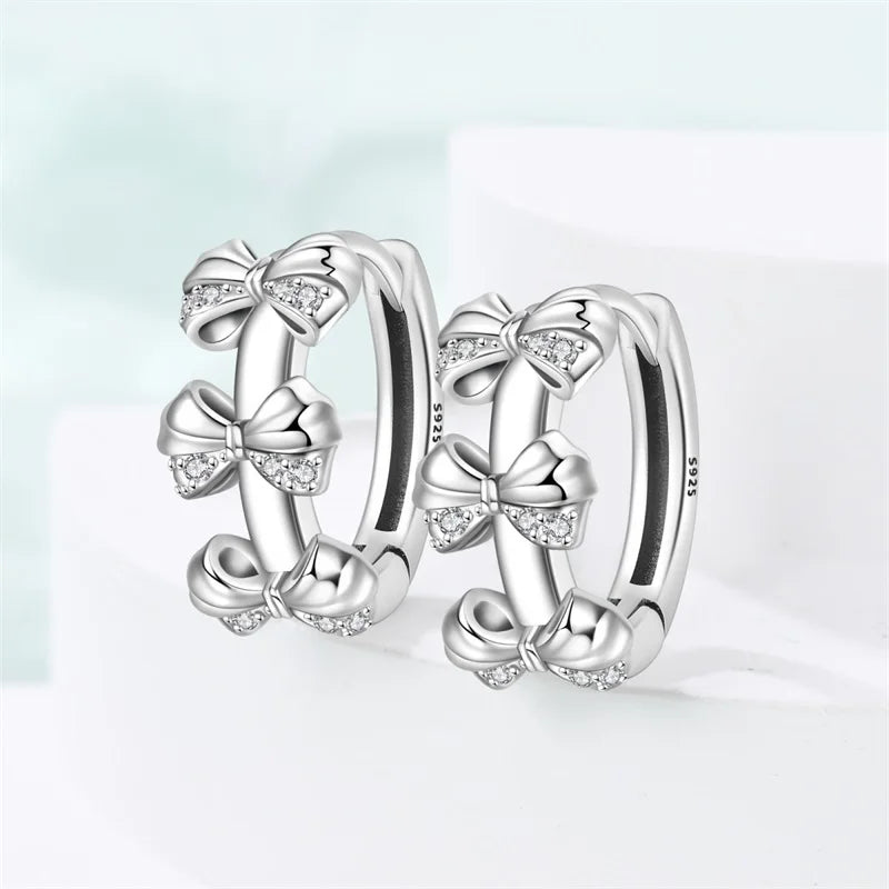 925 Sterling Silver Sweet Bow Heart Zircon Hoop Earrings | Women’s Shining Proluxy Fine Jewelry Gift for Engagement & Birthday
