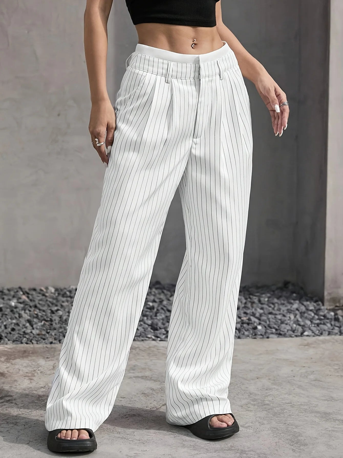 Women’s High Waist Straight Leg Pinstripe Trousers | Office & Casual Striped Dress Pants with Pockets