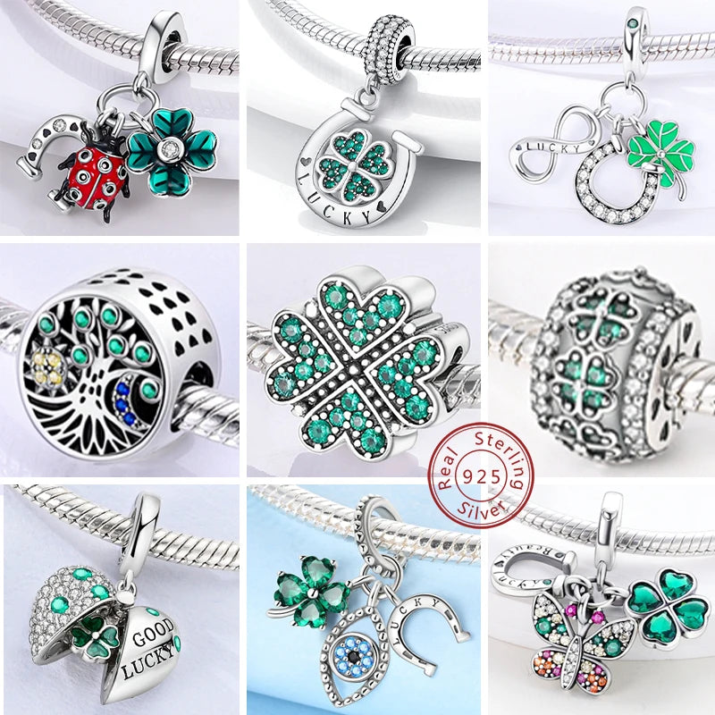 New 925 Sterling Silver Four-Leaf Clover Green Charm Bead | Lucky Pendant for Original Bracelet Jewelry Gift
