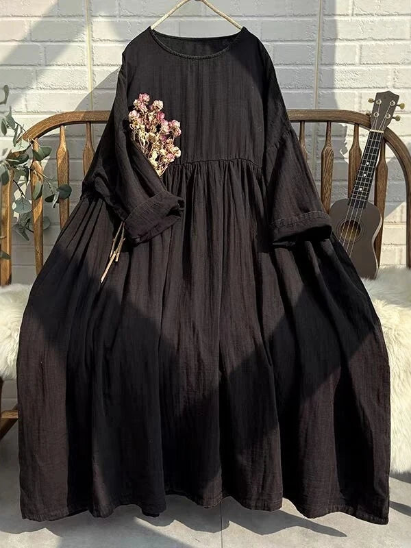 Artistic Vintage Plus Size Women's Long Dress – High Waist Loose A-Line Doll Dress, Ethnic Style Commuter Mid-Length Skirt