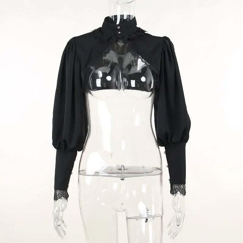 Dark Black Goth Top | Women’s Vintage Flared Sleeve Gothic T-Shirt Y2K Party Wear