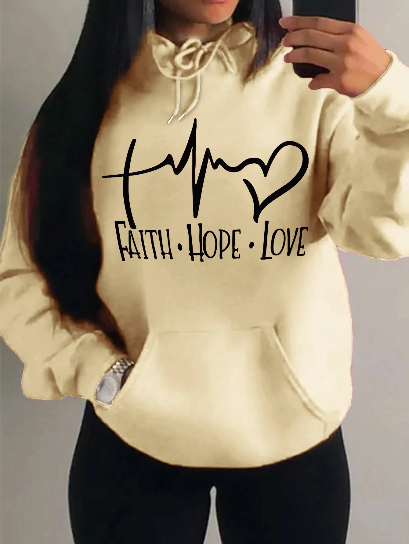 Faith Hope Love Letter Graphic Women’s Hoodie – Casual Loose Streetwear Fleece Pullover Autumn Top