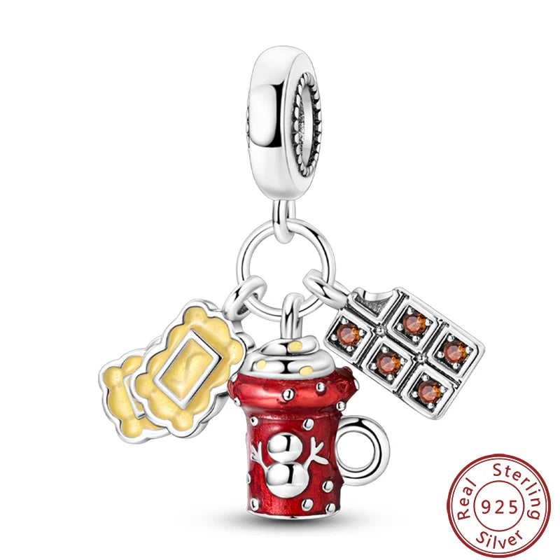 925 Sterling Silver Dessert Afternoon Tea Charm – Coffee, Cake, Pizza & Fries Beads Fit Original Pandora Bracelet DIY Jewelry