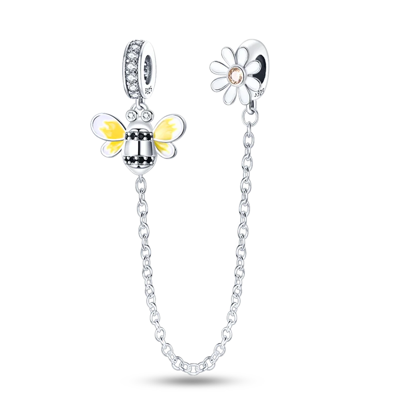 925 Sterling Silver CZ Pave Daisy Clip Charm & Safety Chain – Fits Original Pandora Bracelet, Women’s Silver Stopper Beads Jewelry