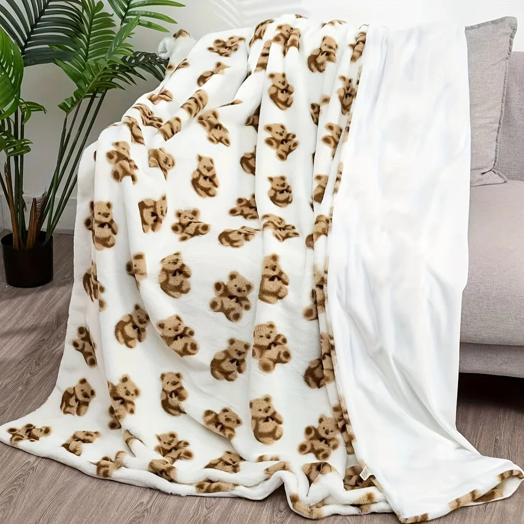 Flannel Bear Blanket Soft Plush Warm Cozy with Cute Bear Print for Sofa Bed Couch Living Room Bedroom Decor Ideal Gift