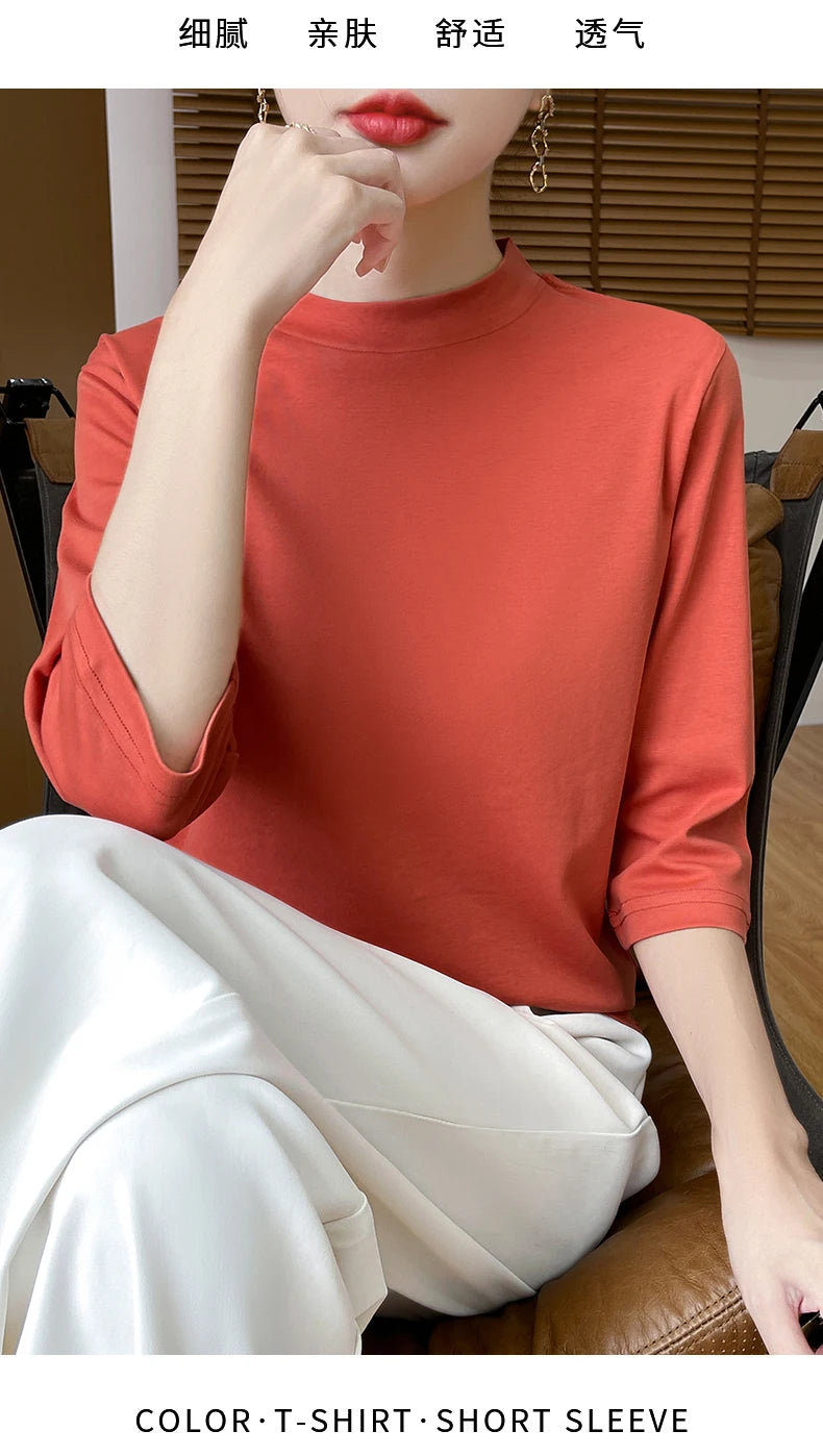 Women’s Cotton T-Shirt | Semi-High-Neck Cropped Sleeve Top | Loose Solid Color Summer & Autumn Bottoming Tee