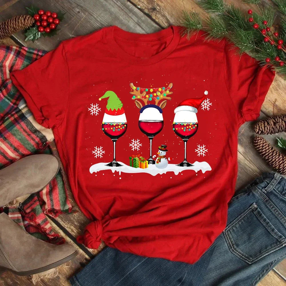 Women’s Christmas Wine Glass T-Shirt | Funny Holiday Black Tee Xmas Gift Top 2025