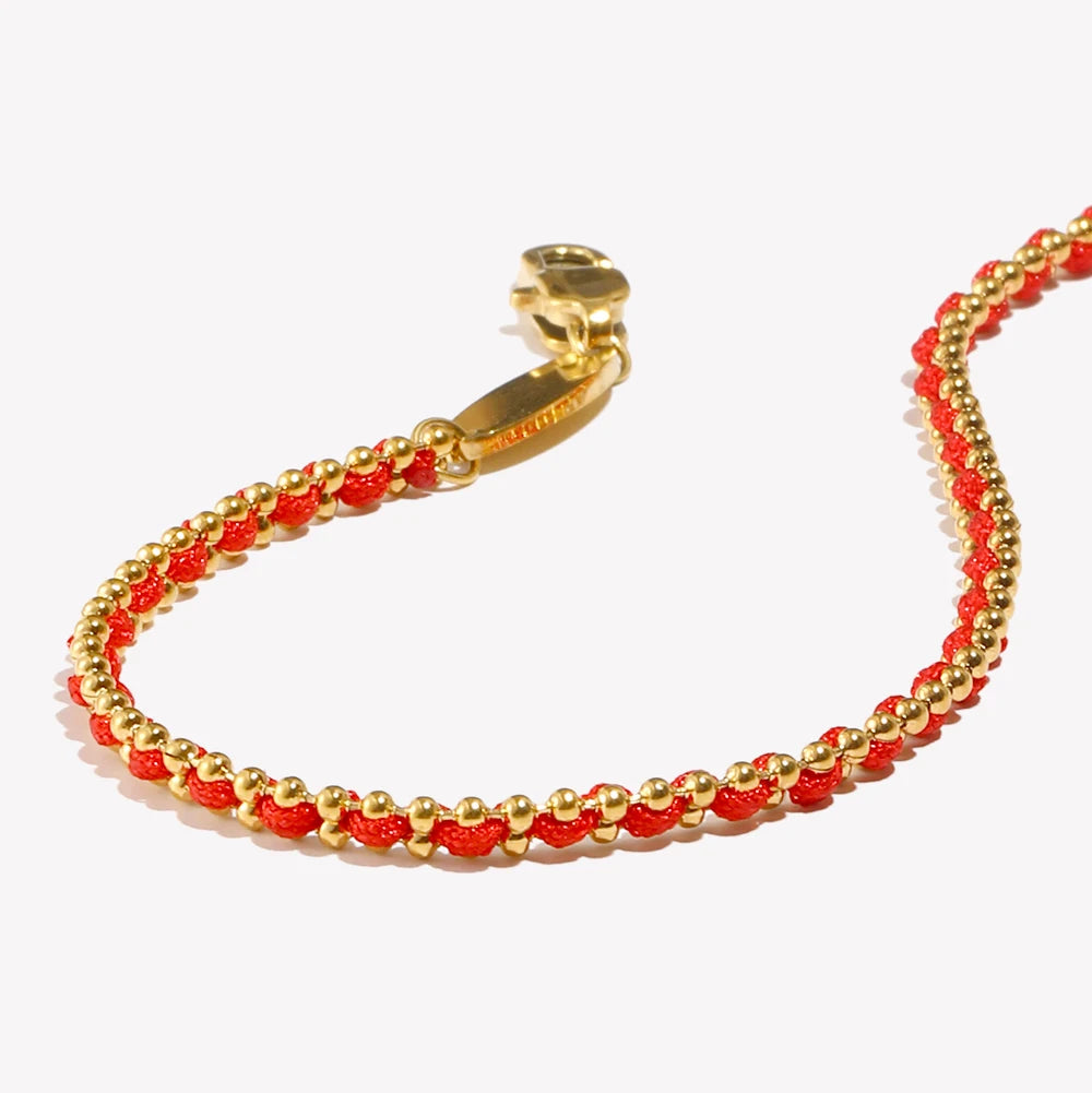E.B.belle Lucky Red Rope Bracelet | 18K Gold Plated Stainless Steel Round Beads Unisex Fashion Jewelry Gift