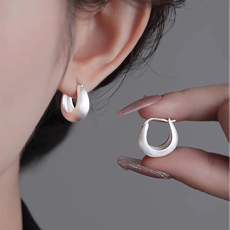 New 925 Sterling Silver Hoop Earrings – Matte Circle Geometric Punk Clip Earrings for Women & Girls