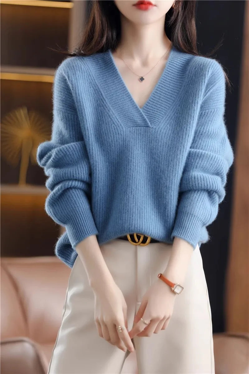 Autumn Winter Women’s V-Neck Knit Sweater – Solid Loose Pullover Soft Warm Casual Top