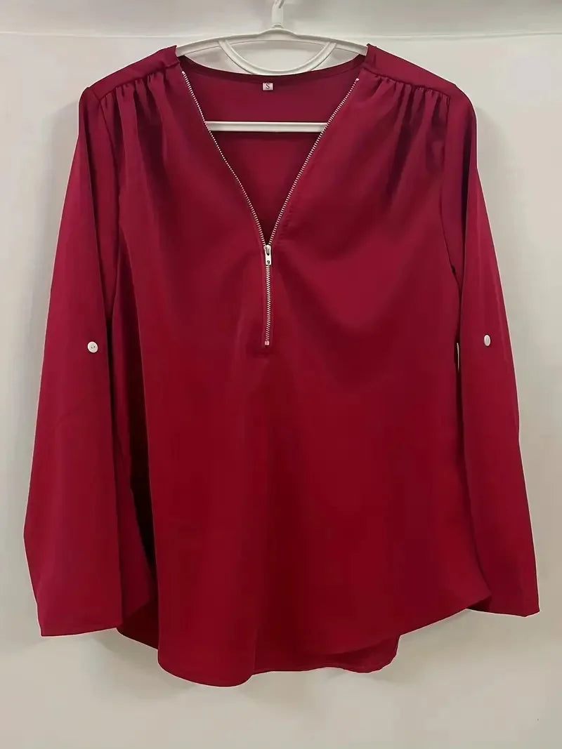 Summer Women’s Chiffon Blouse | Deep V-Neck Zipper Tops | Casual Loose Long Sleeve Plus Size Shirt