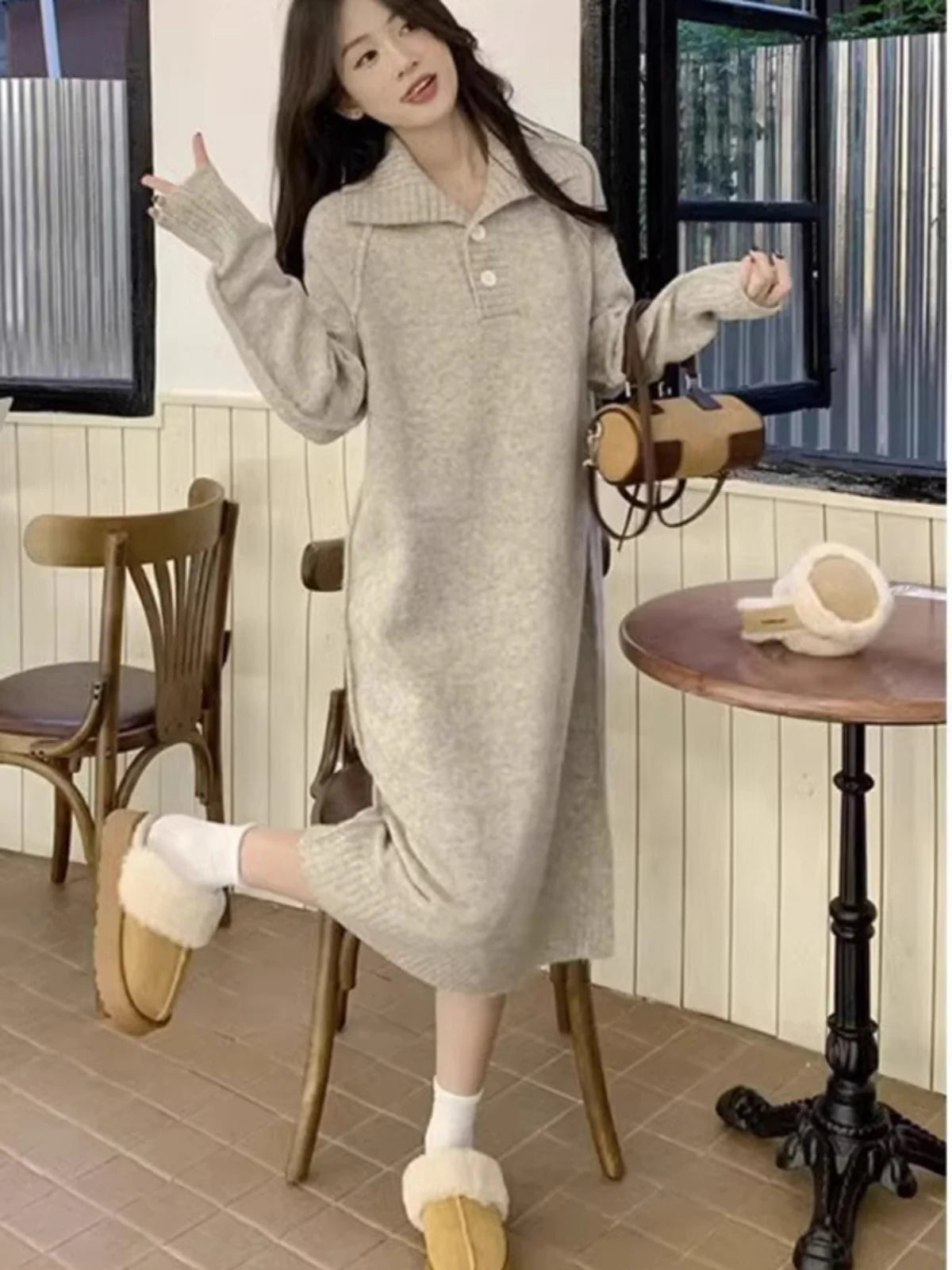 Women’s V-Neck Knitted Dress – Loose Fit Mid-Length Knee-Over Sweater Dress, Autumn Winter Base Layer Inner Wear