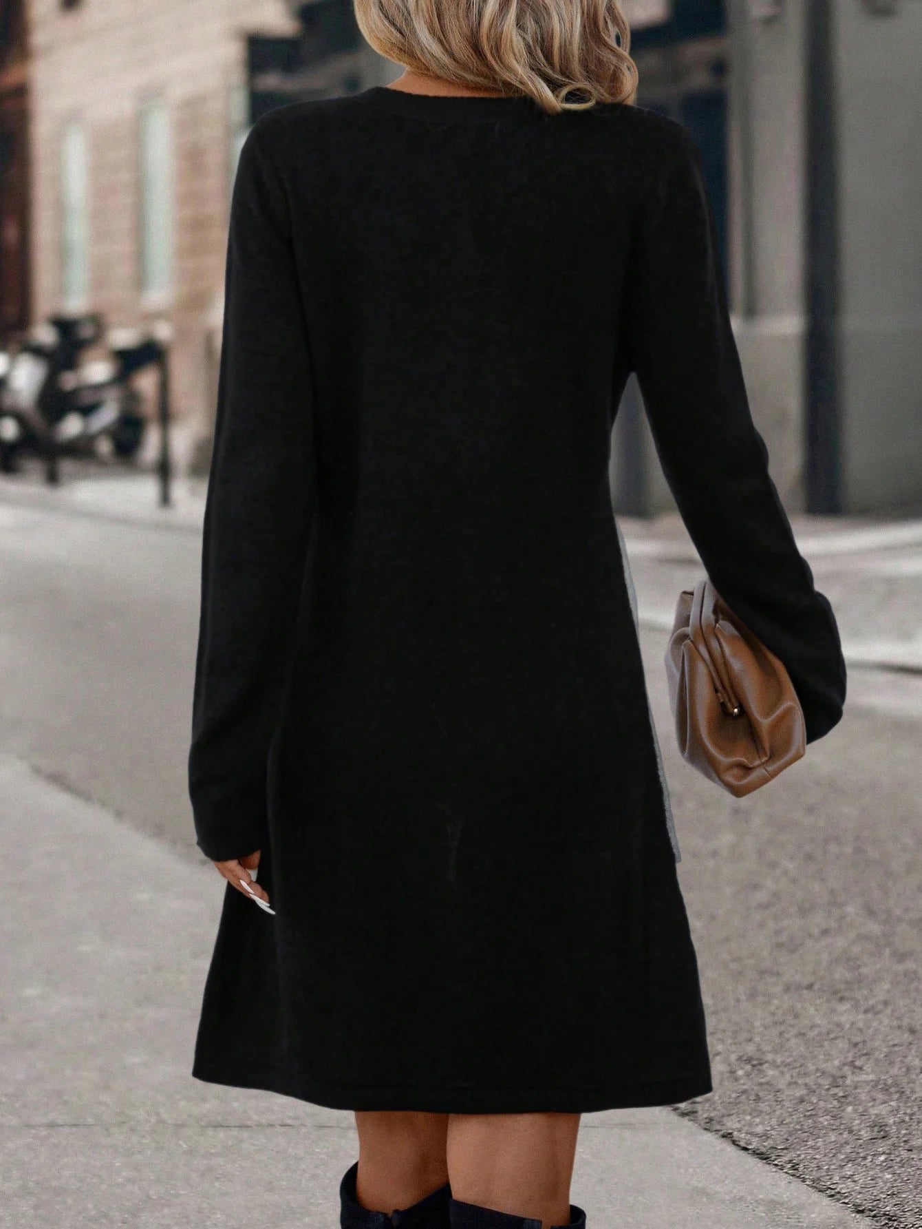 Women’s Colorblock Round Neck Dress – Casual Long Sleeve Crew Neck Dress for Fall & Winter Daily Wear
