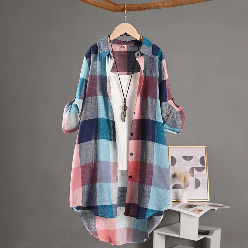 Women’s Plaid Shirt – Casual Long Sleeve Blouse Check Linen Cotton Tops for Women 🌿✨
