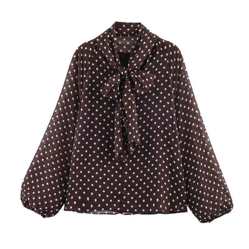 Women’s Polka Dot Shirt – Beige/Brown High Neck Puff Sleeve Casual Loose Top Fashion Commuter Style 🌿✨