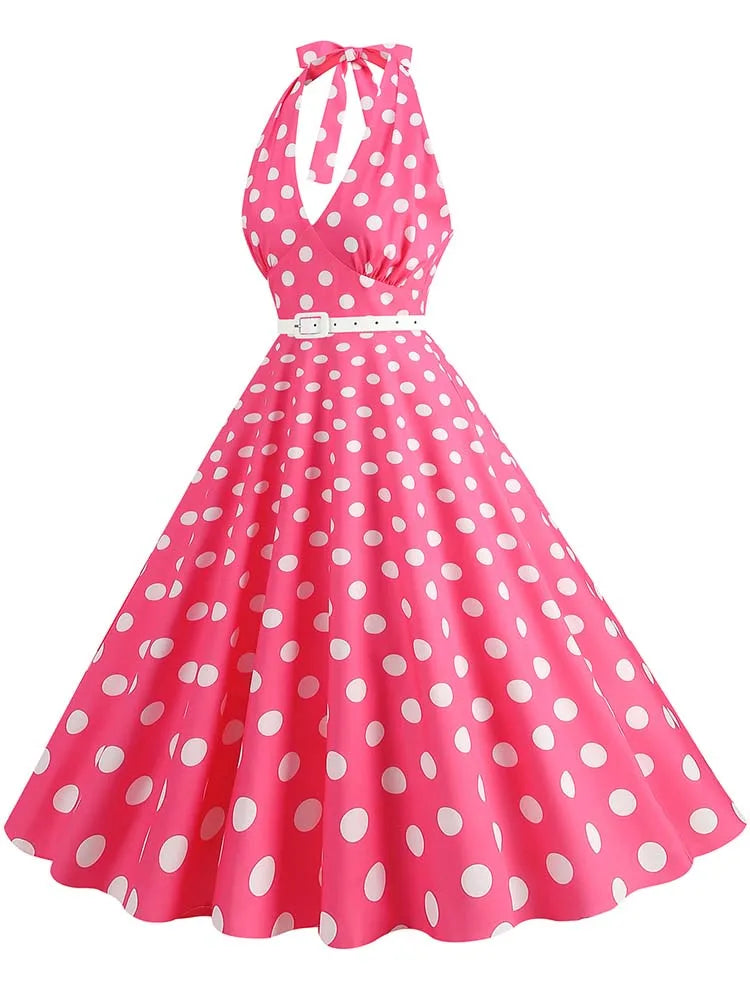 Women’s Vintage Halter Party Dress – Summer Polka Dot Midi Cocktail Prom Elegant Dress