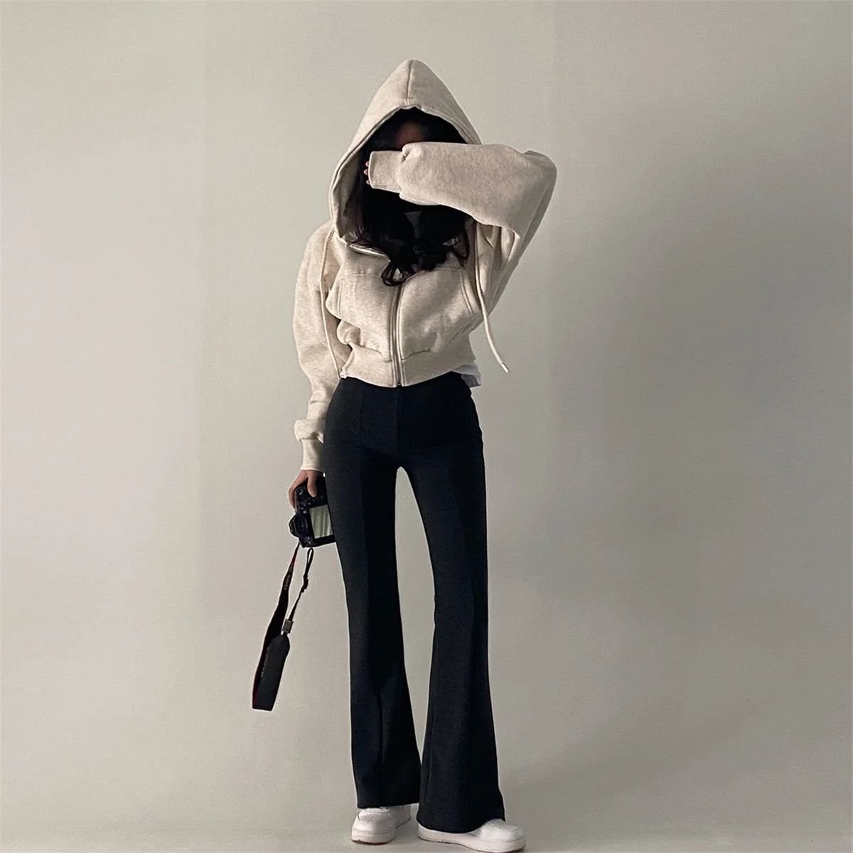 Women's Oversized Zip Up Hoodie | Retro Solid Color Sweatshirt | Autumn Harajuku Loose Short Jacket