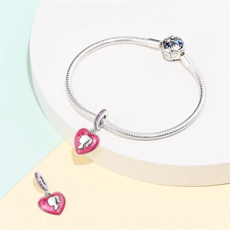 925 Silver Plated Magic Mirror Princess Angel Pink Charm Beads | Fits Original Pan 925 Bracelet | Exquisite DIY Jewelry