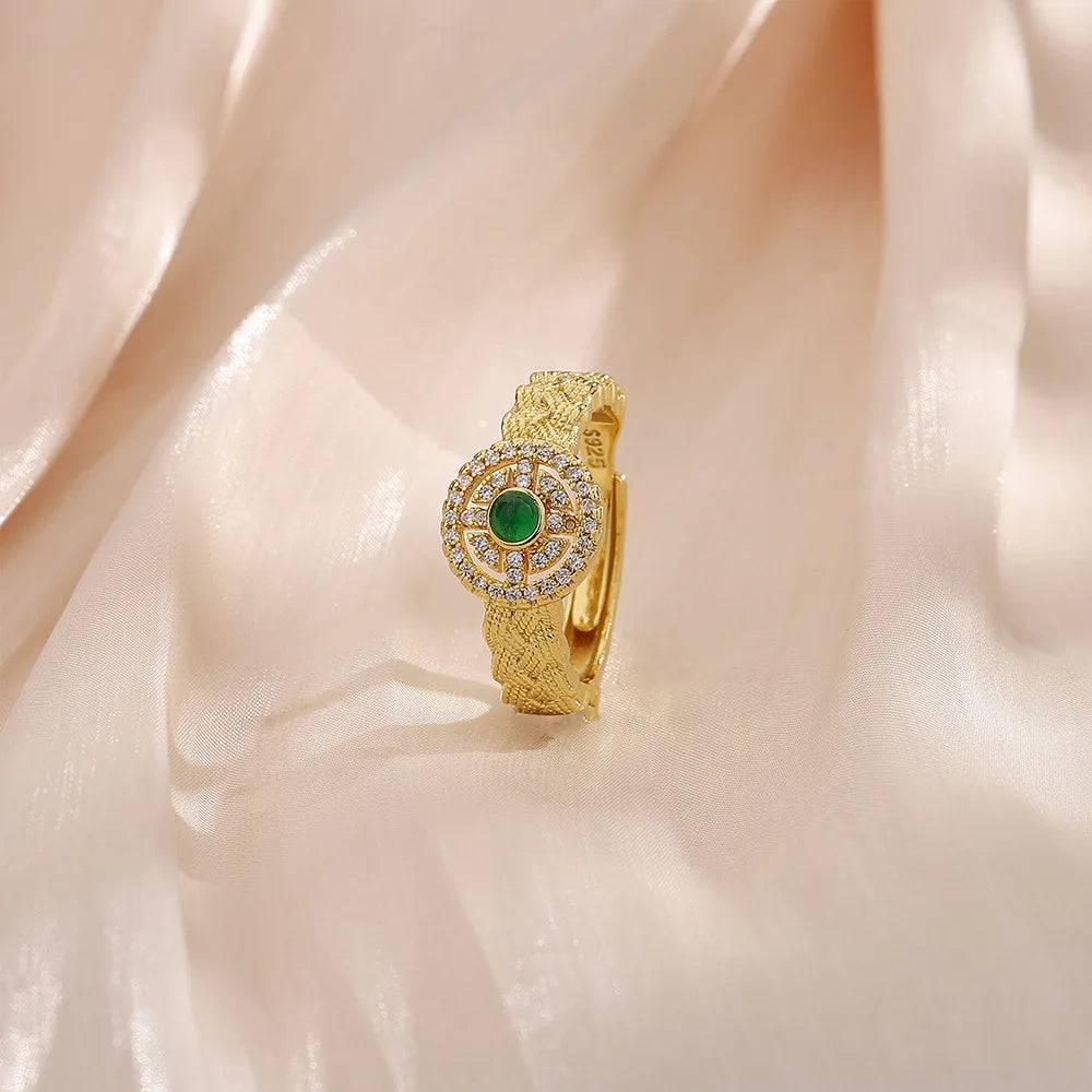 PANJBJ 925 Sterling Silver Hotan Jade Geometric Adjustable Ring | Retro Delicate Jewelry Gift for Women