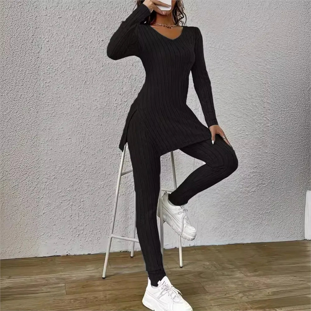 Women’s Knitted 2-Piece Set 🌸 V-Neck Pullover & Trousers Spring/Autumn ✨