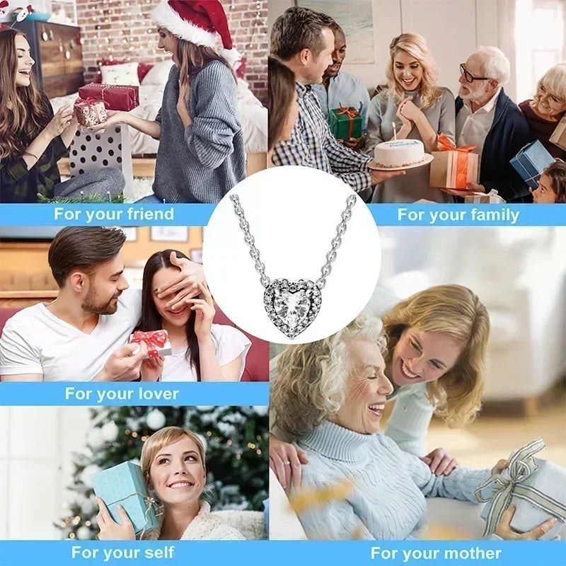 925 Sterling Silver Dazzling Round Bow Heart Necklace | Simple Elegant Charm Jewelry Gift for Women