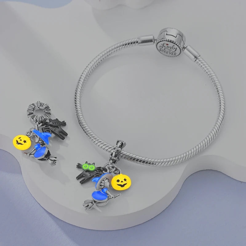 Halloween 925 Sterling Silver Charms | Pumpkin Skeleton Witch Bat Beads for Bracelet DIY Jewelry