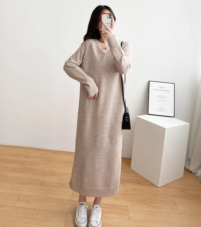Ladies’ Knitted V-Neck Dress – Loose Fit Base Layer Skirt, Casual Straight Tube Korean Style Autumn Winter Dress