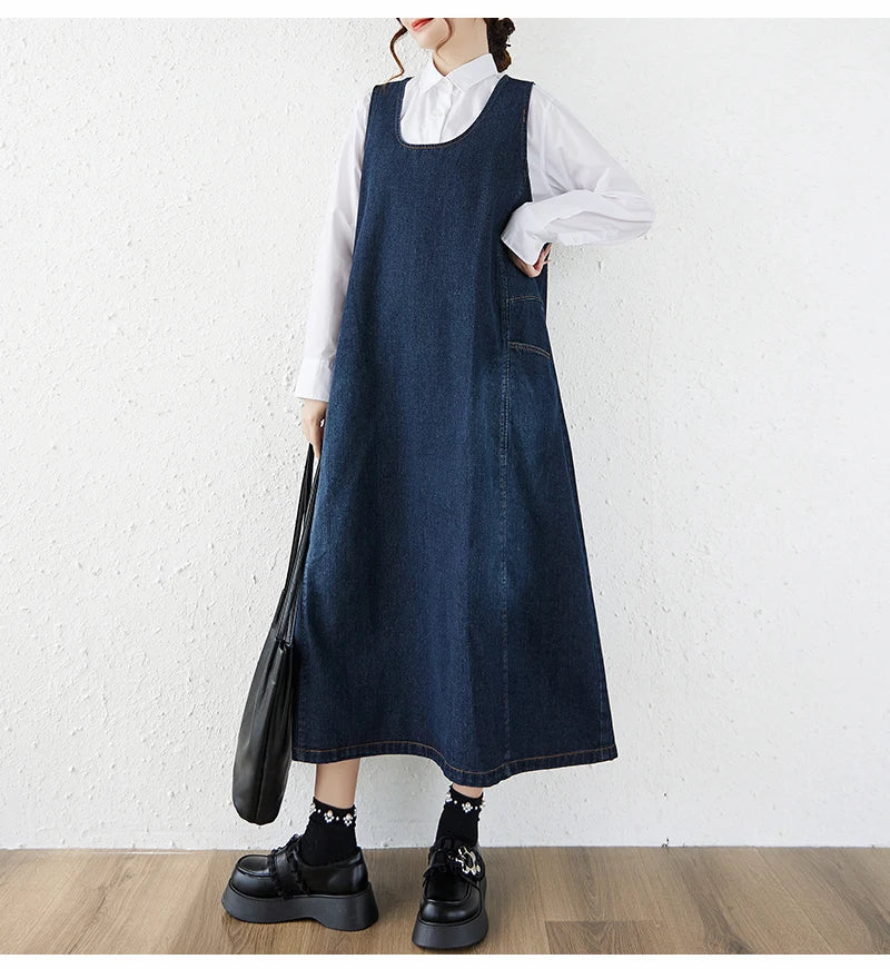 Loose Korean Style Plus Size Denim Vest Skirt – High Waist Over-Knee Slimming Cotton Jeans Corset Casual Dress for Women