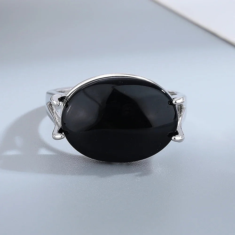 925 Sterling Silver Oval Black Agate Ring – Vintage Natural Gemstone Jewelry for Men & Women Party Gifts