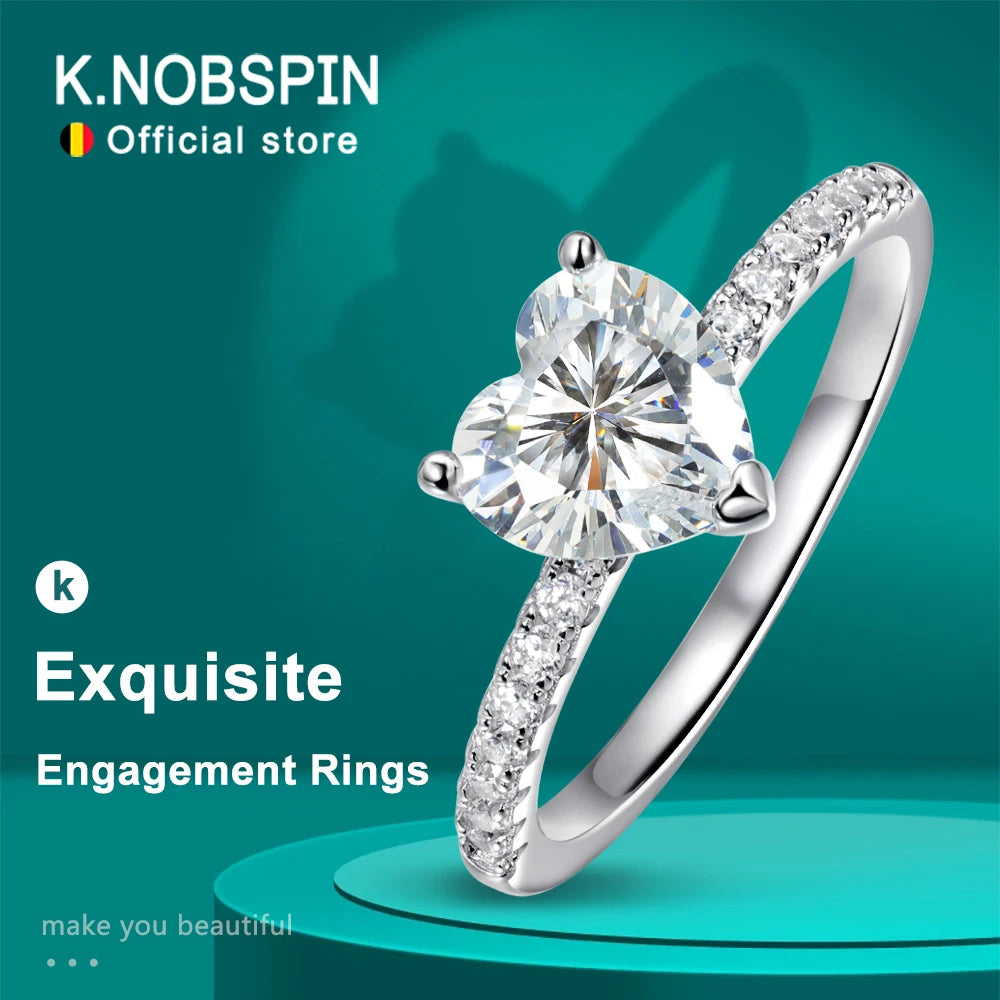 KNOBSPIN 925 Sterling Silver Heart Moissanite Engagement Ring – D VVS1 1-2ct 18K White Gold Plated Diamond Promise Ring for Women