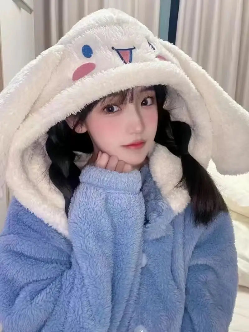 Kawaii Sanrio Hello Kitty Velvet Pajamas Set | Cute Cartoon Nightgown & Bathrobe | Girls & Couples Soft Home Wear
