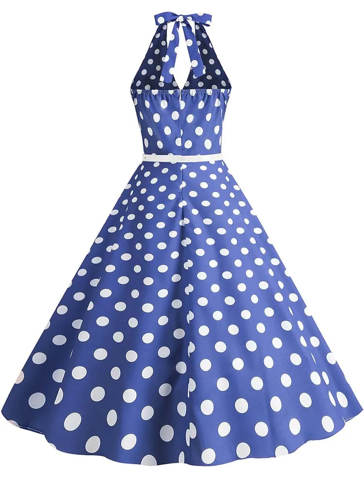 Women’s Vintage Halter Party Dress – Summer Polka Dot Midi Cocktail Prom Elegant Dress