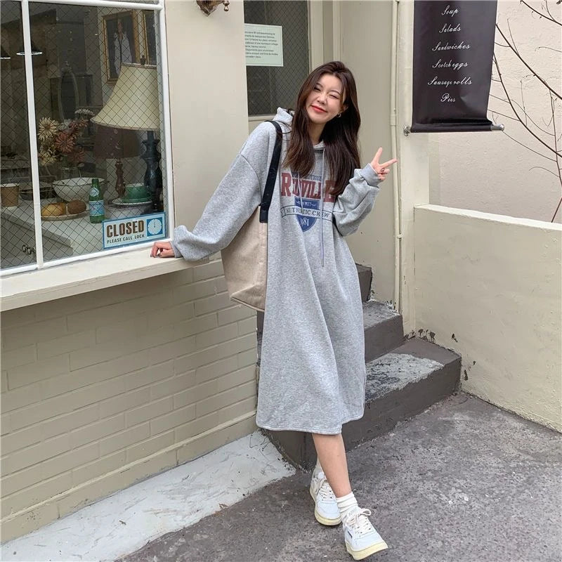 Winter Thiened Fleece Sweatshirt Dress – Printed Midi Skirt Hoodie Dress, Lazy Long Sleeve Outerwear for Young Women