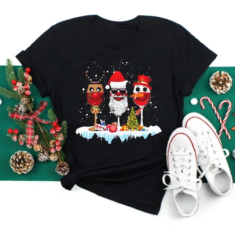 Women’s Christmas Wine Glass T-Shirt | Funny Holiday Black Tee Xmas Gift Top 2025