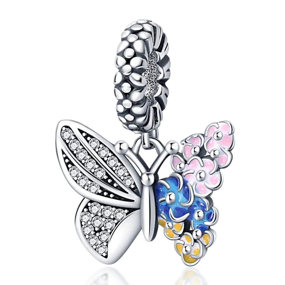 925 Sterling Silver Blue Series Charm | Dragonfly, Butterfly, Bird & Pansy Flower Pendant for 4MM Bracelet