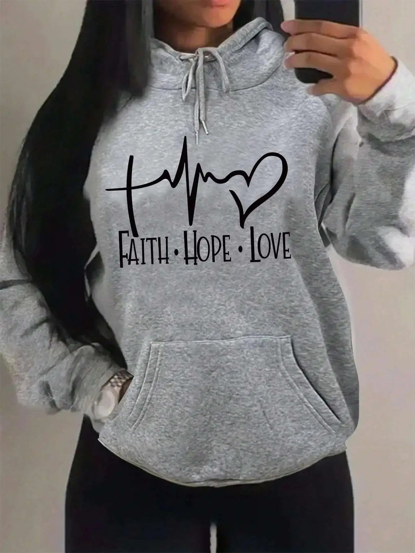 Faith Hope Love Letter Graphic Women’s Hoodie – Casual Loose Streetwear Fleece Pullover Autumn Top