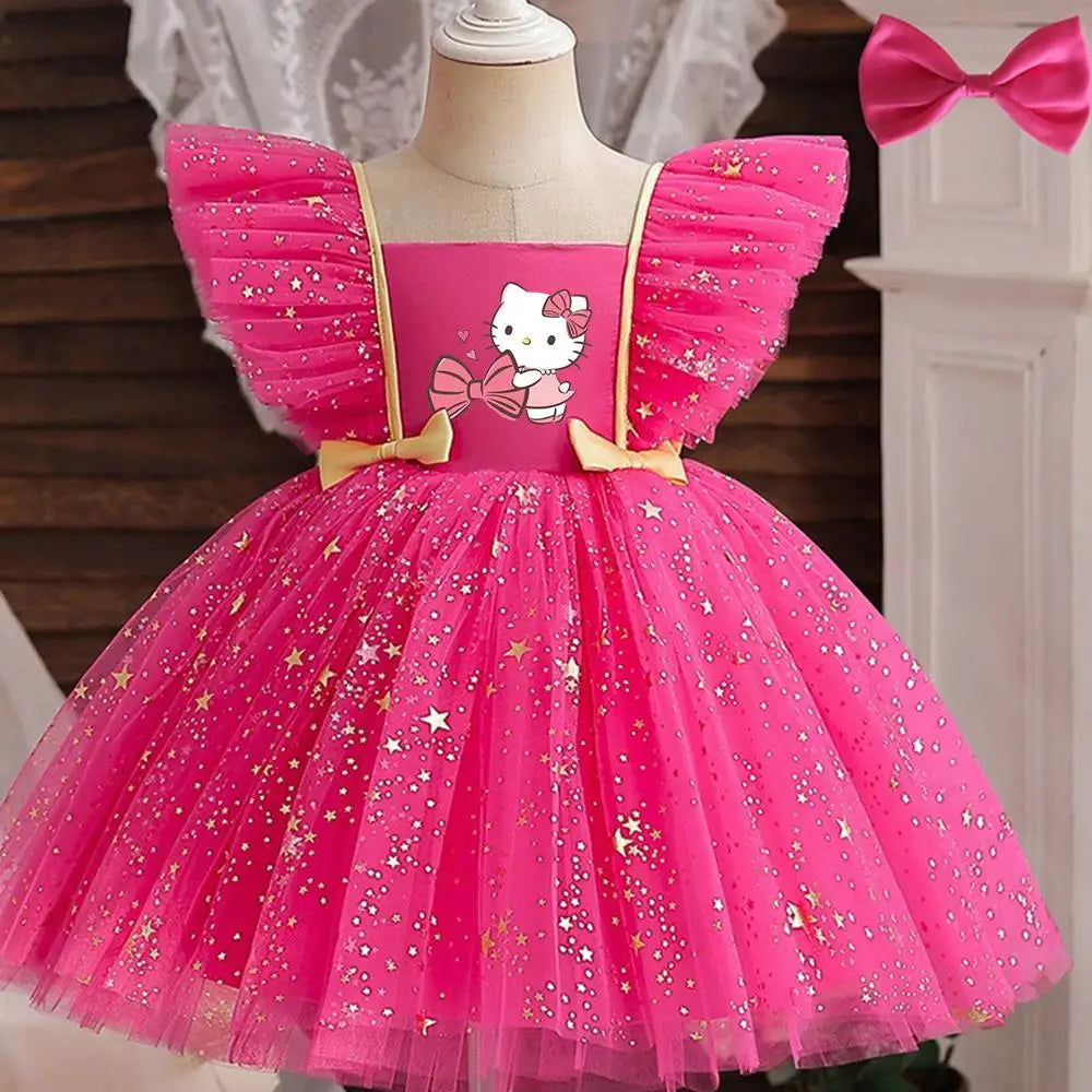 Hello Kitty Girl Party Dress Christmas Birthday School Holiday High Waist Tulle Dress Bow Wedding Gown Kids Wear Princess Dress