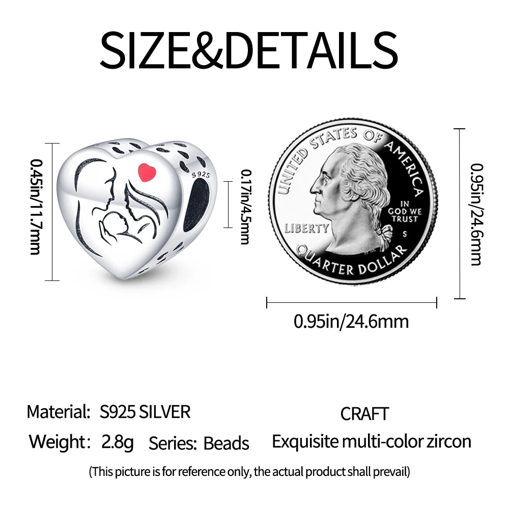 925 Sterling Silver Mother Daughter Love Embrace Pendant Charm | Heart Shaped Bracelet Bead DIY Fine Jewelry Gift