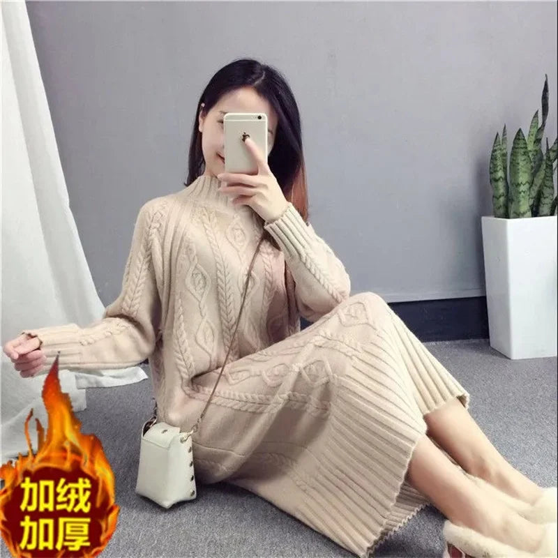 Khaki Thickened Half High Neck Sweater Dress for Women – Autumn Winter 2023 Korean Fashion Loose Thin Knit Long Dress