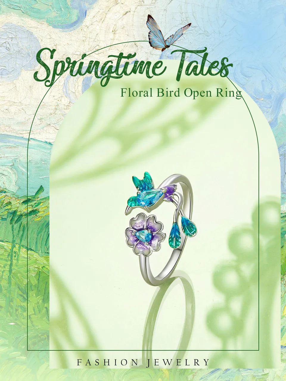 BISAER 925 Sterling Silver Floral Bird Open Ring | Adjustable White Gold Plated Flower Band for Women – Fine Party Jewelry